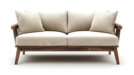 Fototapeta premium A modern, minimalist two-seater sofa with light cushions and a dark wooden frame.