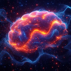 Obraz premium A vibrant, glowing representation of a brain amidst a cosmic background.