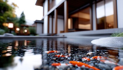 A serene garden scene featuring a koi pond with vibrant fish, framed by a modern architectural design and lush greenery.