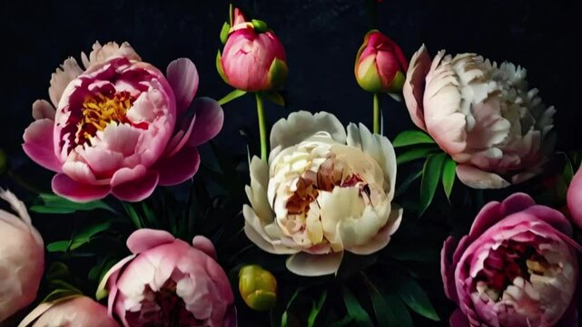 Vintage bouquet of beautiful peonies on black. Floral background. Baroque old fashiones style, 4k High-Quality Wallpaper Background Animation Video