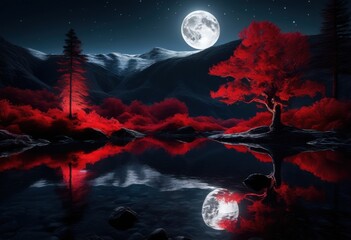 enchanting terrains illuminated stunning red moonlight creating magical nighttime landscape, nightscape, sky, scenery, twilight, illumination, darkness