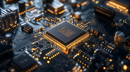 Fototapeta premium Macro View of Modern Circuit Board with Glowing Components