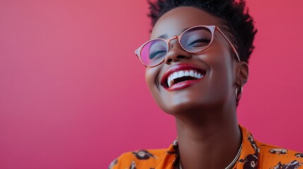 Young black woman wearing glasses is laughing with pink background