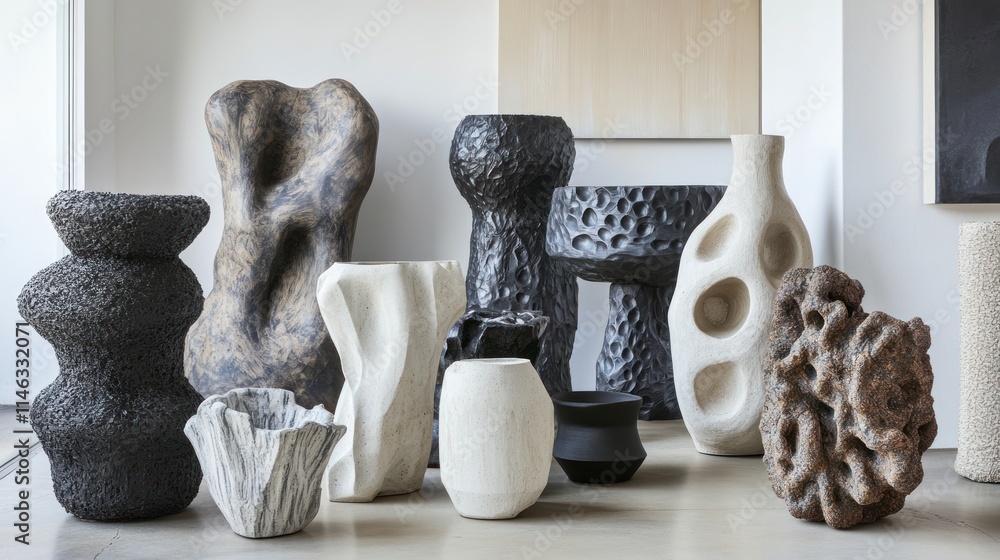 Aufkleber a collection of artistic vases and sculptures in various textures and shapes.