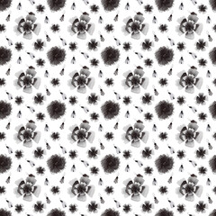 Watercolor black and white seamless pattern with plants and beetles