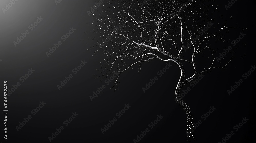 Poster abstract grayscale tree with glowing particles on dark background.