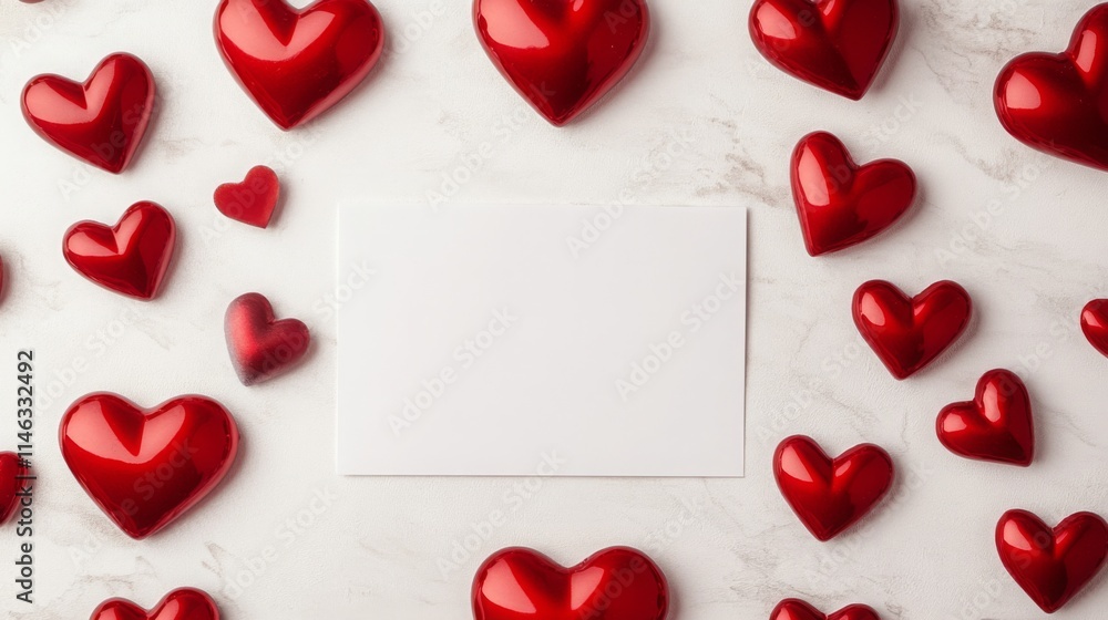 Aufkleber Red hearts are artistically arranged around a blank card on a marble surface, creating a romantic and festive atmosphere. This setting is perfect for personal messages or invitations.