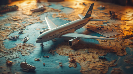 A photorealistic still life featuring a miniature airplane model amidst travel-themed elements,...