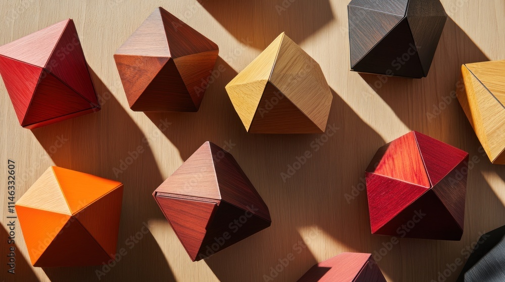 Poster a collection of colorful geometric wooden shapes arranged on a surface, casting shadows.