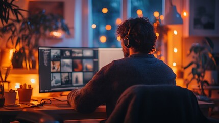 Fototapeta premium Man Works Late Editing Photos On His Computer