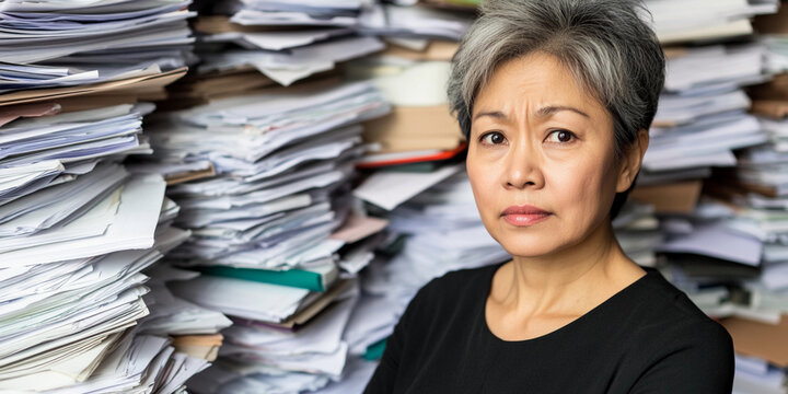 Woman with gray hair among stacks of disorganized paperwork - Powered by Adobe