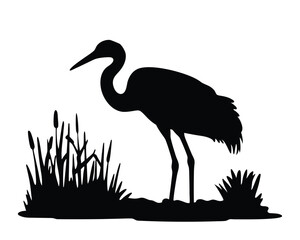 Crane bird with grass silhouette illustration isolated on a transparent background