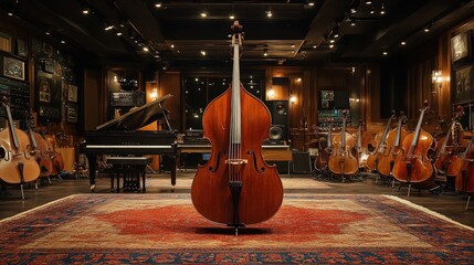 Double bass in a recording studio.