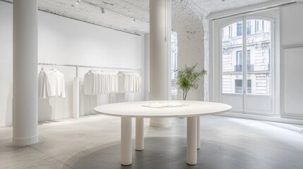Business shop boutique concept. A modern, minimalist retail space featuring white clothing on display, a round table, and natural light flowing through large windows.