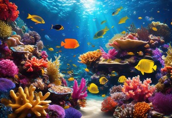 Fototapeta premium vibrant close underwater colorful coral reef ecosystem capturing diverse marine life textures, aquatic, biodiversity, depth, flourishing, fish, habitat
