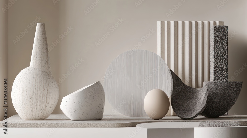 Poster a collection of minimalist vases and geometric shapes on a neutral background.