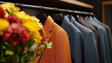 Business shop boutique concept. A vibrant display of tailored jackets hangs on a rack, accompanied by a bouquet of colorful flowers, showcasing a blend of fashion and nature.