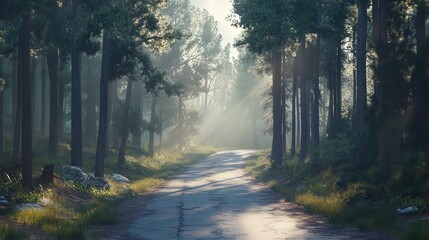Obraz premium A peaceful road cuts through thick pines, sunlight filtering through branches, casting patches of light on the winding forest path