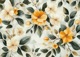 Vintage floral pattern with yellow and white flowers and green leaves on elegant white background for classic and timeless design