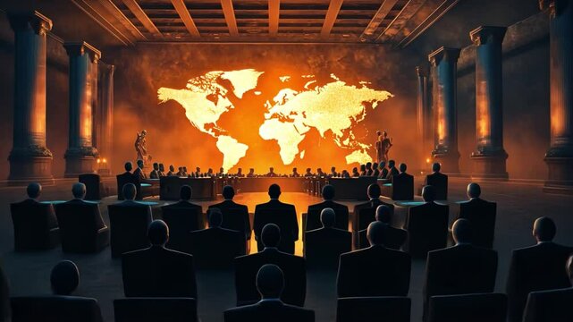 Global Summit: A dramatic depiction of a world summit, where influential leaders convene in an ancient, grand hall, illuminated by a fiery world map projection.