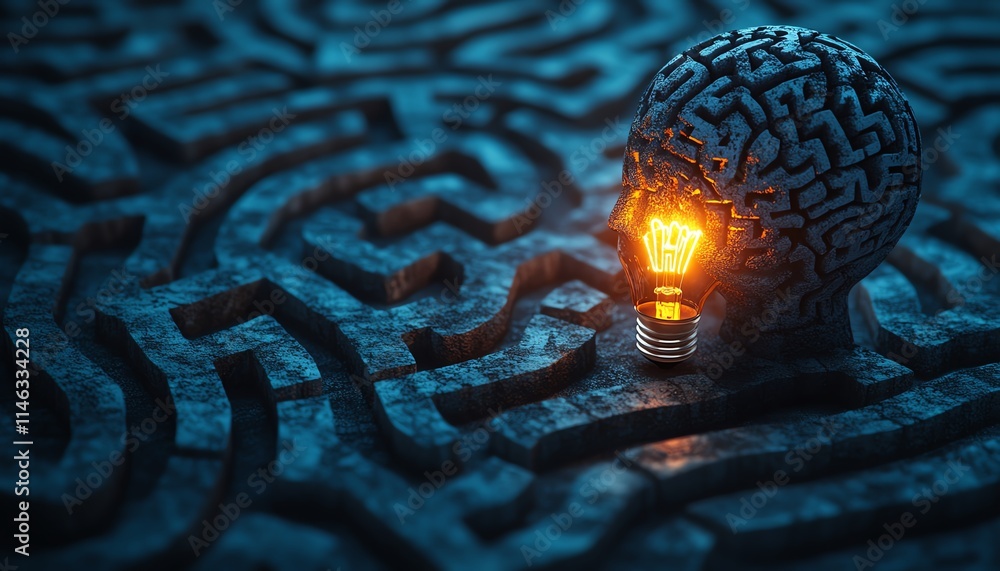 Poster glowing lightbulb at the center of a maze shaped like a human head, symbolizing problemsolving and c