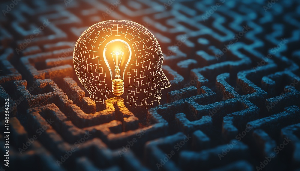 Poster glowing lightbulb at the center of a maze shaped like a human head, symbolizing problemsolving and c