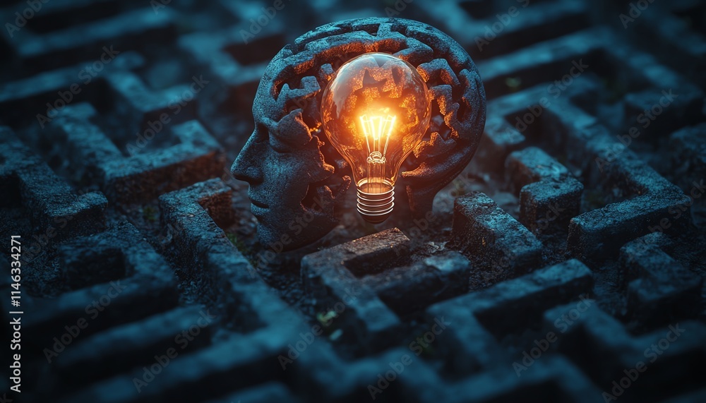 Poster glowing lightbulb at the center of a maze shaped like a human head, symbolizing problemsolving and c