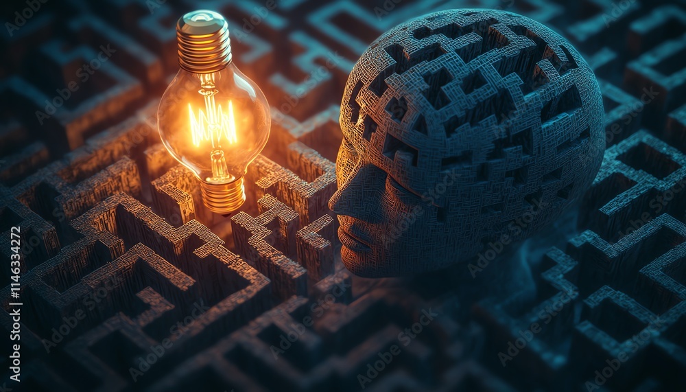 Poster glowing lightbulb at the center of a maze shaped like a human head, symbolizing problemsolving and c