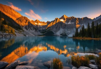 majestic mountains bathed sunrise glow contrast warm orange soft blue sky perfect scenic landscape, nature, view, horizon, cloud, light, dawn, beauty, peak