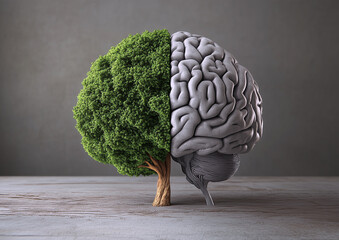 Half tree and half brain sculpture on minimal background symbolizing the harmony between nature, intelligence, and creativity