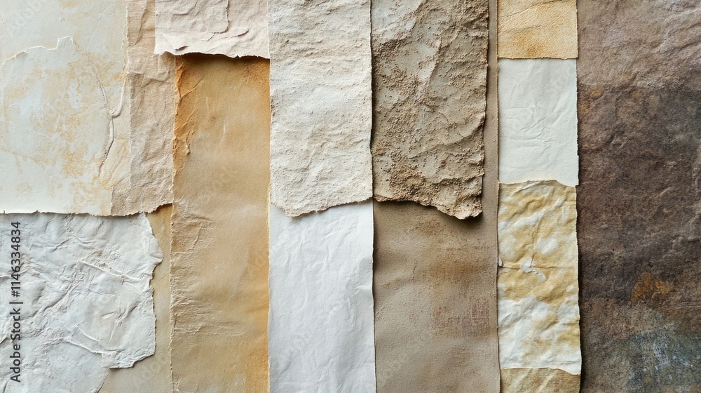 Poster A collection of textured paper samples in various shades and sizes.
