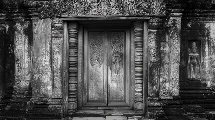 an ancient wooden temple door, captured in black and white. The weathered wood