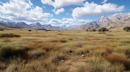 Serene Grassland and Mountain View