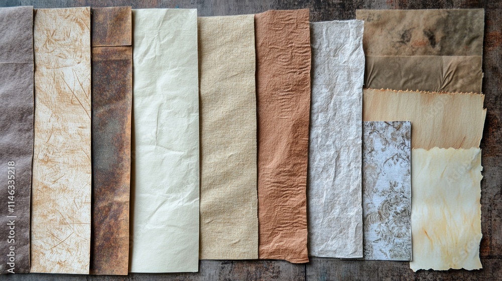 Poster A collection of textured paper sheets in various colors and patterns for artistic purposes.