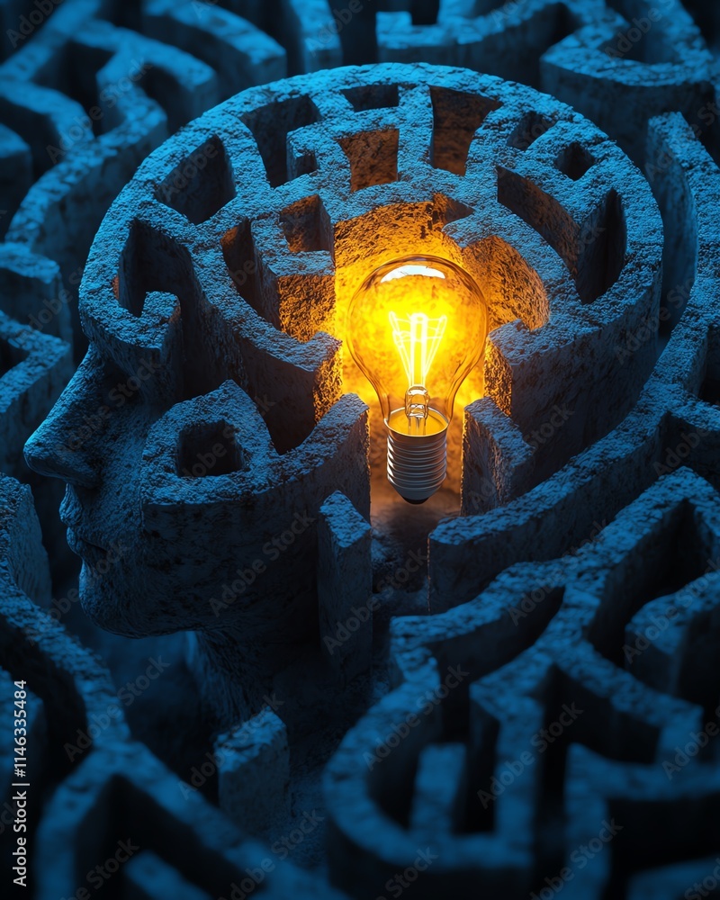 Poster maze in the shape of a human head with a glowing lightbulb at its center, symbolizing the process of