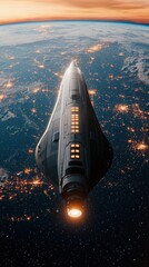 Futuristic Spacecraft Over Earth During Night with City Lights Below