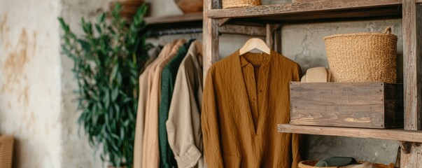 Business shop boutique concept. A cozy display of clothing on wooden shelves, accented by woven baskets and greenery, creating a warm, inviting atmosphere.