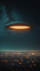 Mysterious UFO Over Cityscape Under Starry Night Sky