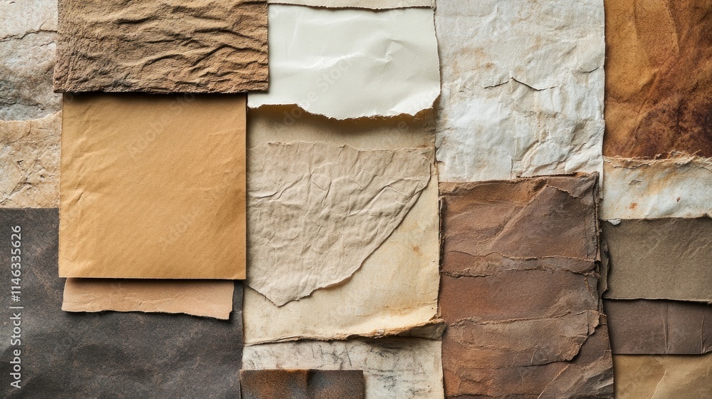 Poster a collection of various textured paper sheets arranged in a collage.