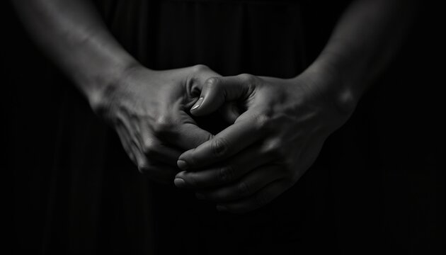 Moody monochrome image of entwined hands at pinkies creating unsettling and dramatic atmosphere