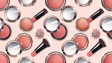 Playful glam cosmetics background with cartoon-style makeup tools including compact mirrors and brushes