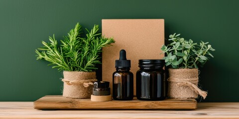 Aesthetic display of plants and essential oil bottles on a wooden tray against a green background, complemented by a blank sheet for notes or design.