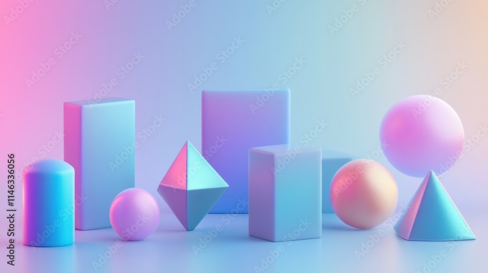 Poster A colorful arrangement of geometric shapes against a soft gradient background.