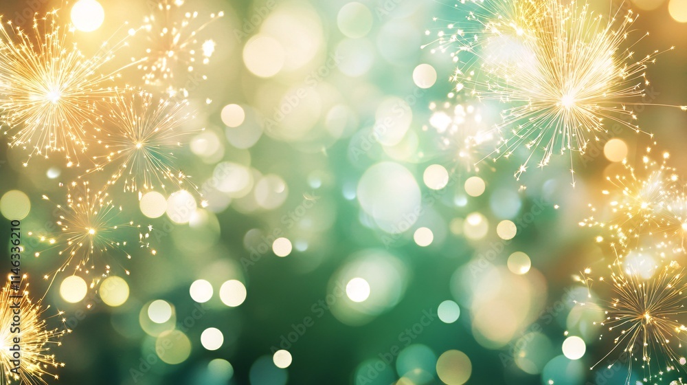 Poster Golden fireworks exploding over a green bokeh background for new year's eve celebration