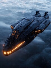 Futuristic Spacecraft Flying Through Clouds in Outer Space