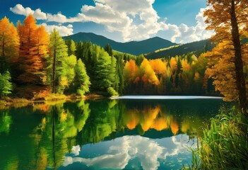 Naklejka premium vibrant folige transitions creating serene colorful landscapes lush clear skies, aerial, autumn, branch, bloom, bright, colors, colorscape, contrast