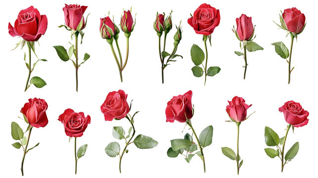 Set of red rose flowers in different camera angles isolated on white background, elements for design collage, variety of views , Beautiful vivid red roses on white background
