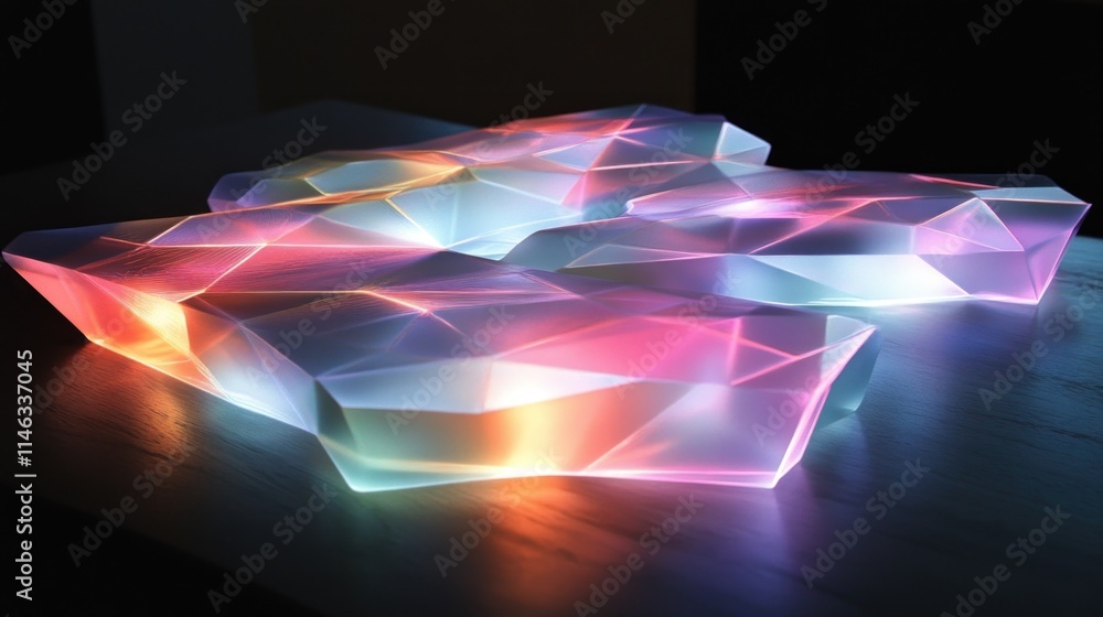 Poster a colorful, illuminated abstract sculpture resembling crystalline forms on a surface.