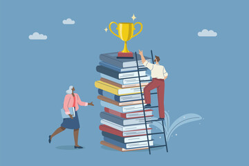 Knowledge is the ladder to success, Learning and education lead to great success, Concept of development to success, Businessman climbing stairs on a pile of books to reach a trophy. Vector design.