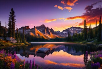 Fototapeta premium majestic mountain sunrise illuminating tranquil wilderness vibrant colors expansive scenic beauty, landscape, nature, scenery, sky, sunset, lake, trees